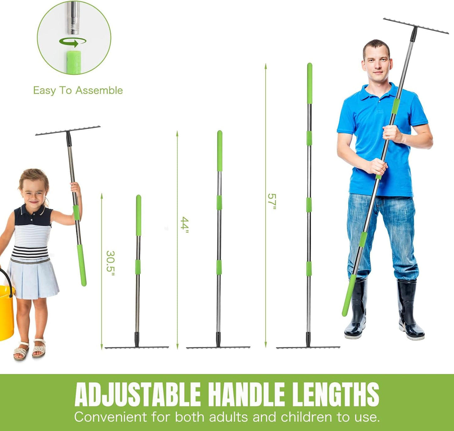 Adjustable 65 Inch Long 18 Inch Wide Garden Rake, 25 Tines Metal
