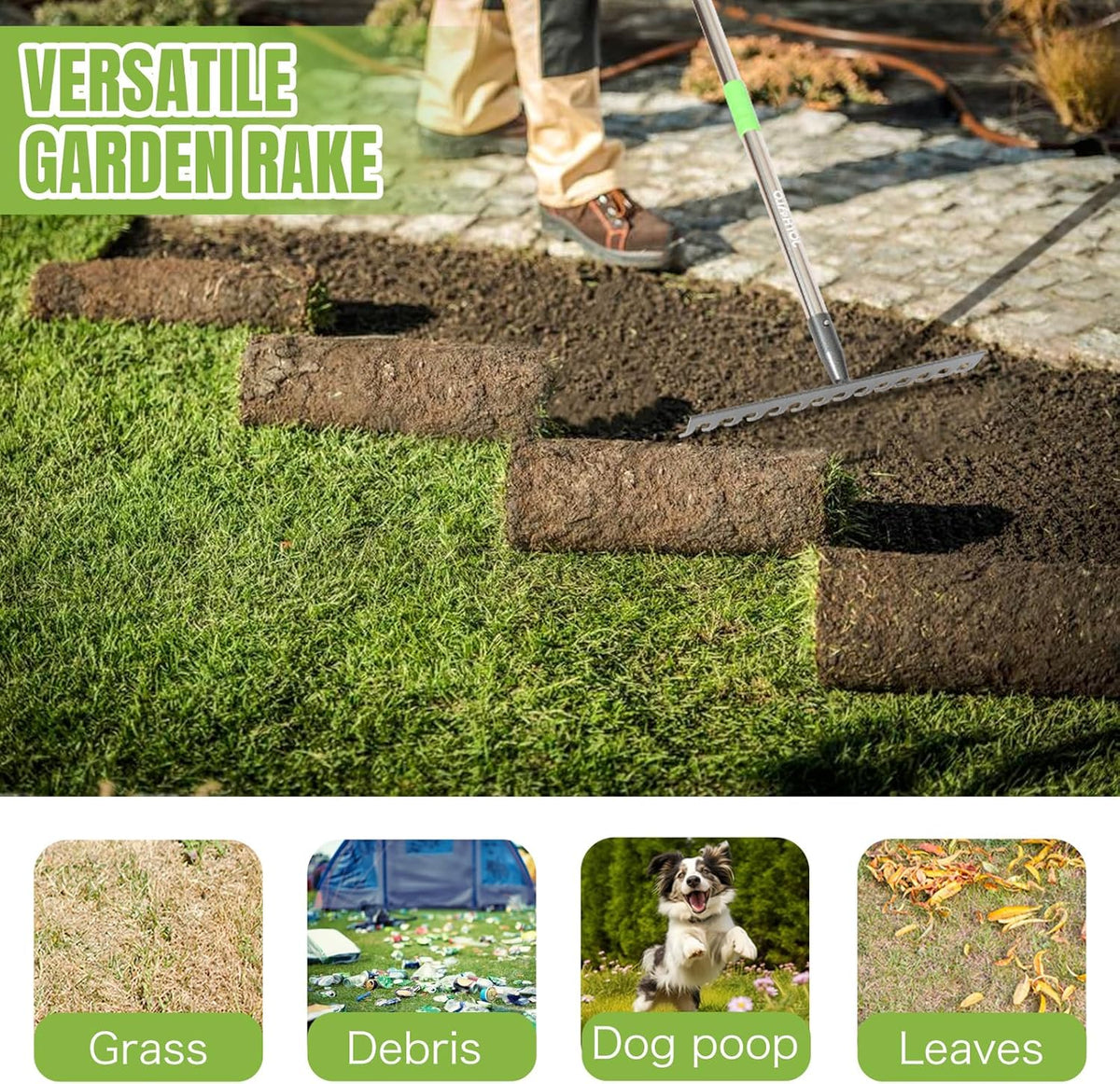Adjustable 65 Inch Long 18 Inch Wide Garden Rake, 25 Tines Metal