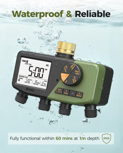 4 Zone Sprinkler Timer with Brass Inlet, Large Display