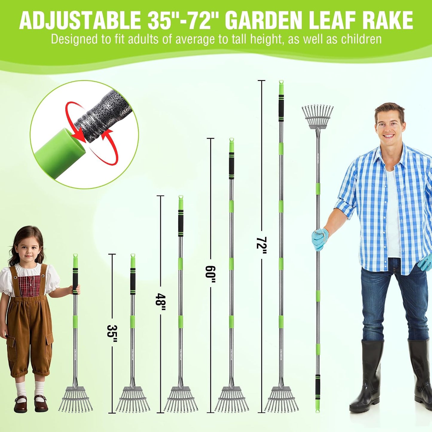 Rake, Small Rake for Leaves with 72” Adjustable Long Handle