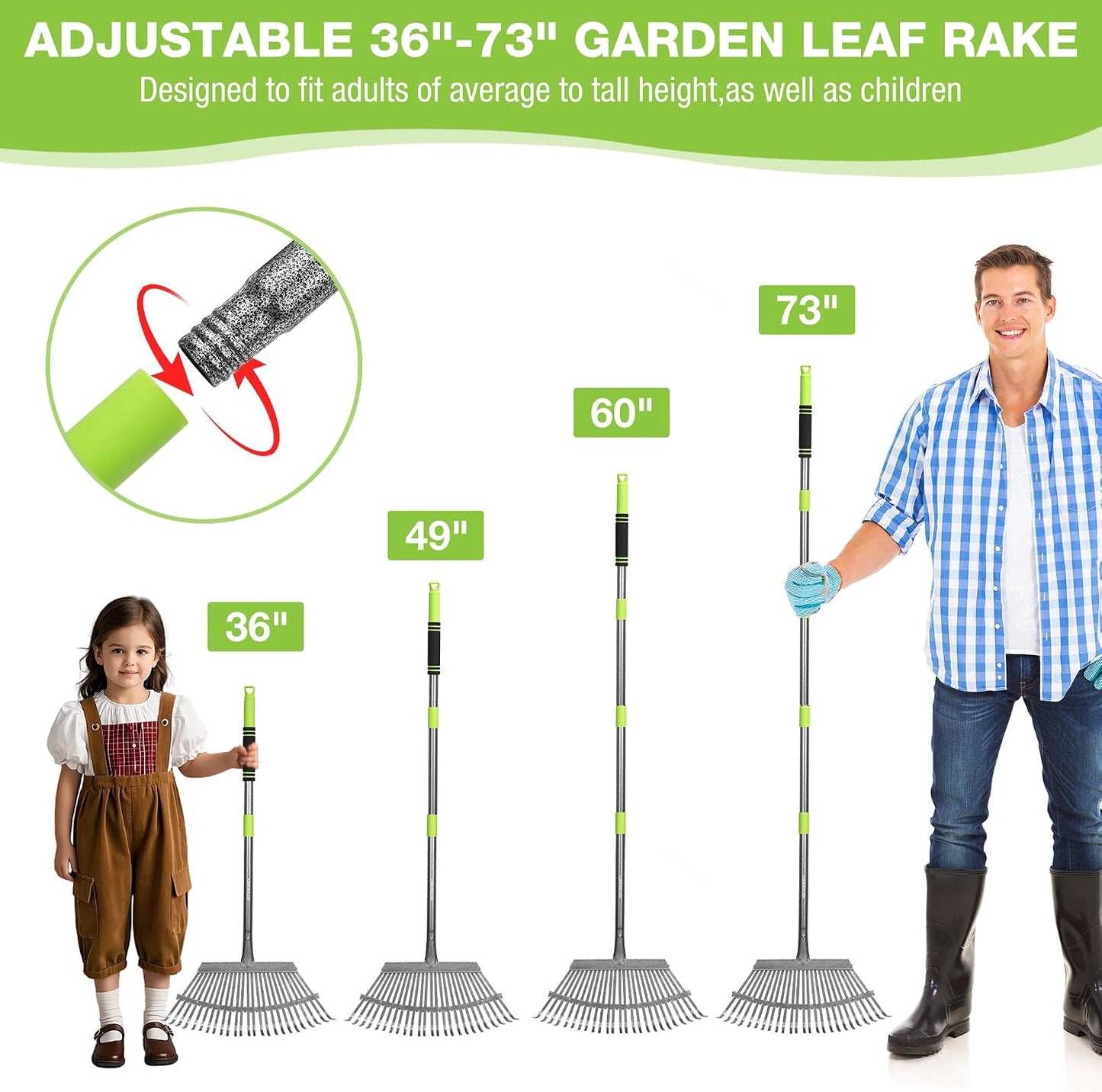 Rake, Small Rake for Leaves with 72” Adjustable Long Handle