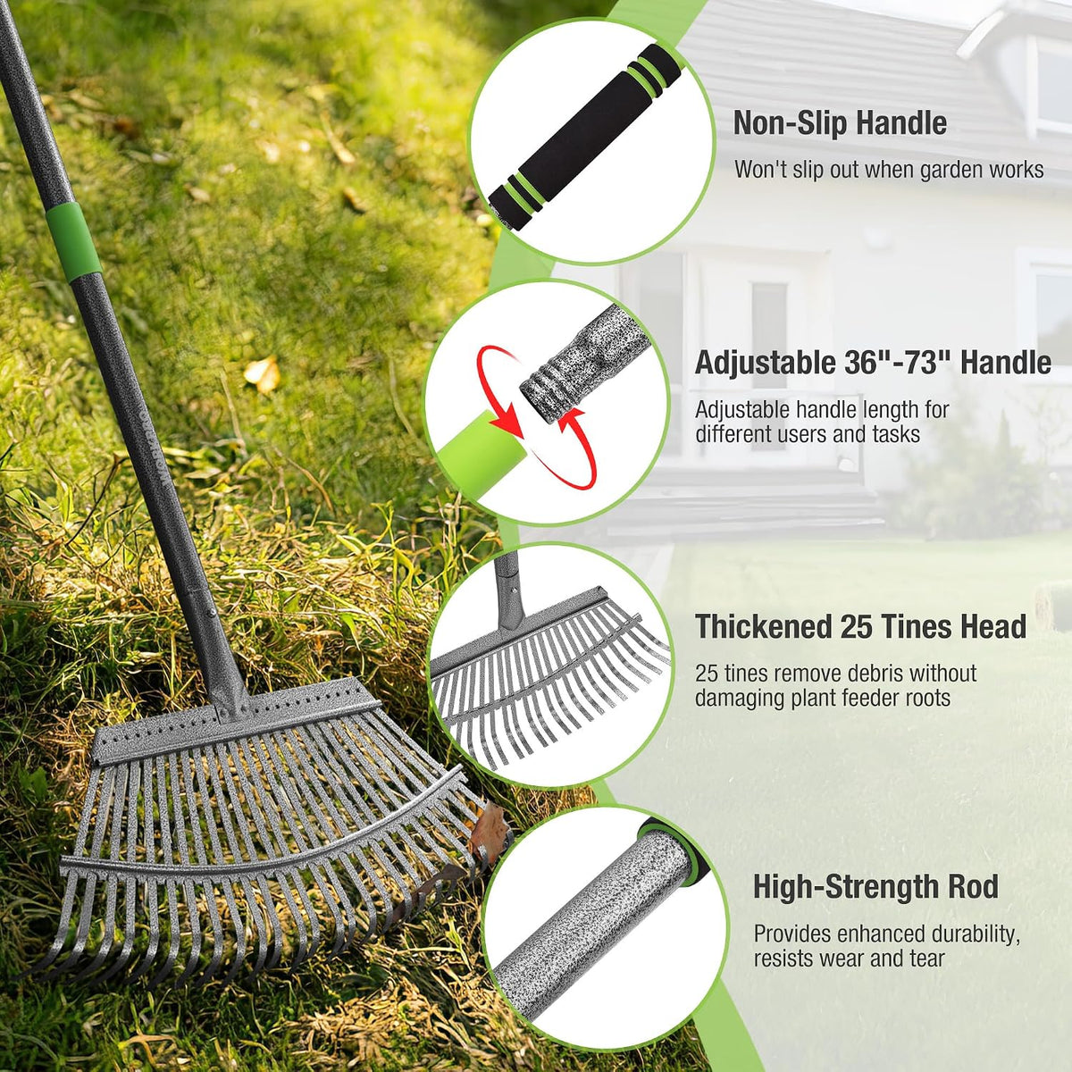 Rake, Small Rake for Leaves with 72” Adjustable Long Handle