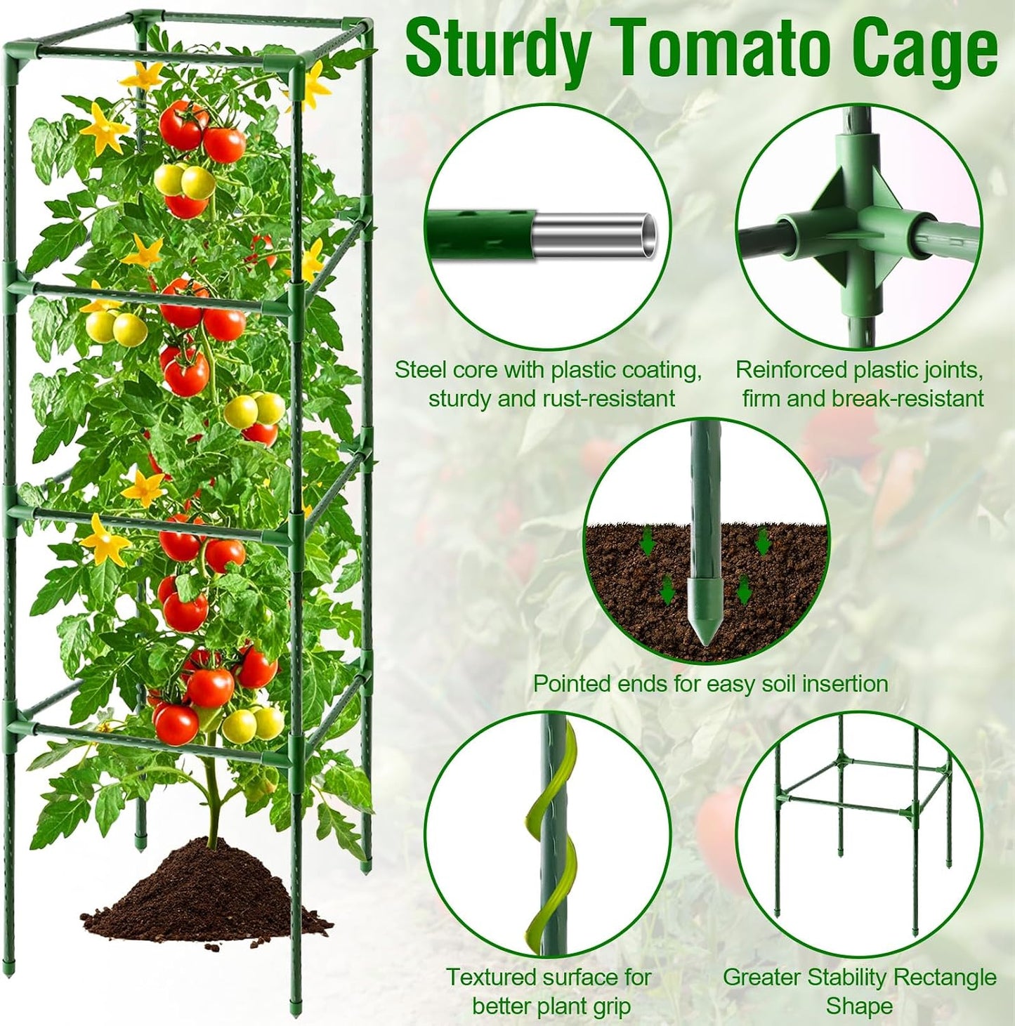 Tomato Cage, Square Tomato Trellis Plant Support Stake Cages for Garden and Pots Tall Up to 63 Inch Adjustable Cucumber Trellis for Raised Bed Outdoor Climbing Plants Vegetables Flower, 3 Pack