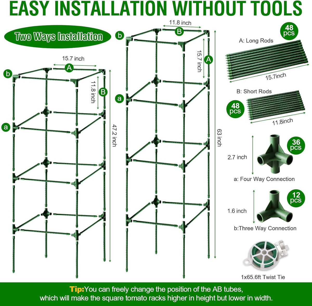 Tomato Cage, Square Tomato Trellis Plant Support Stake Cages for Garden and Pots Tall Up to 63 Inch Adjustable Cucumber Trellis for Raised Bed Outdoor Climbing Plants Vegetables Flower, 3 Pack