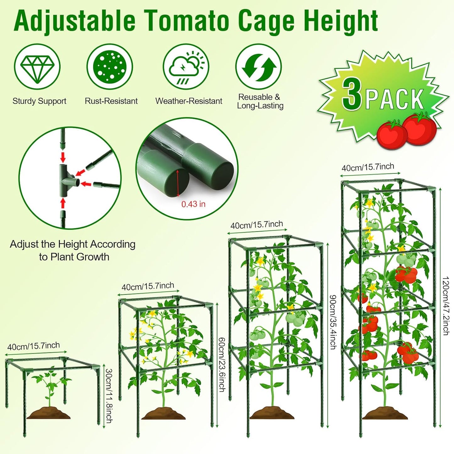 Tomato Cage, Square Tomato Trellis Plant Support Stake Cages for Garden and Pots Tall Up to 63 Inch Adjustable Cucumber Trellis for Raised Bed Outdoor Climbing Plants Vegetables Flower, 3 Pack