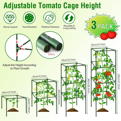 Tomato Cage, Square Tomato Trellis Plant Support Stake Cages for Garden and Pots Tall Up to 63 Inch Adjustable Cucumber Trellis for Raised Bed Outdoor Climbing Plants Vegetables Flower, 3 Pack