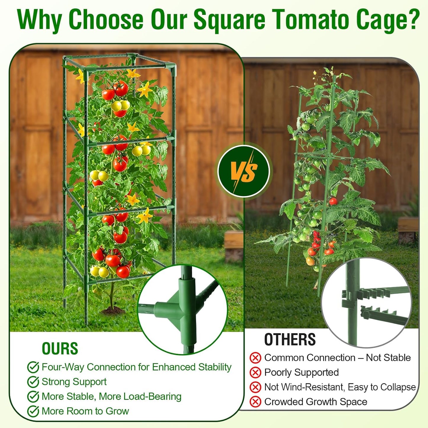 Tomato Cage, Square Tomato Trellis Plant Support Stake Cages for Garden and Pots Tall Up to 63 Inch Adjustable Cucumber Trellis for Raised Bed Outdoor Climbing Plants Vegetables Flower, 3 Pack