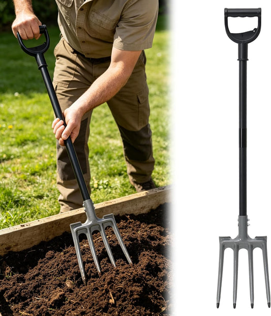 Pitch Fork, 46 inch Garden Fork with Metal 4 Tines & Ergonomic D Handle, Heavy Duty Pitchforks for Gardening Digging Composting Soil Loosening
