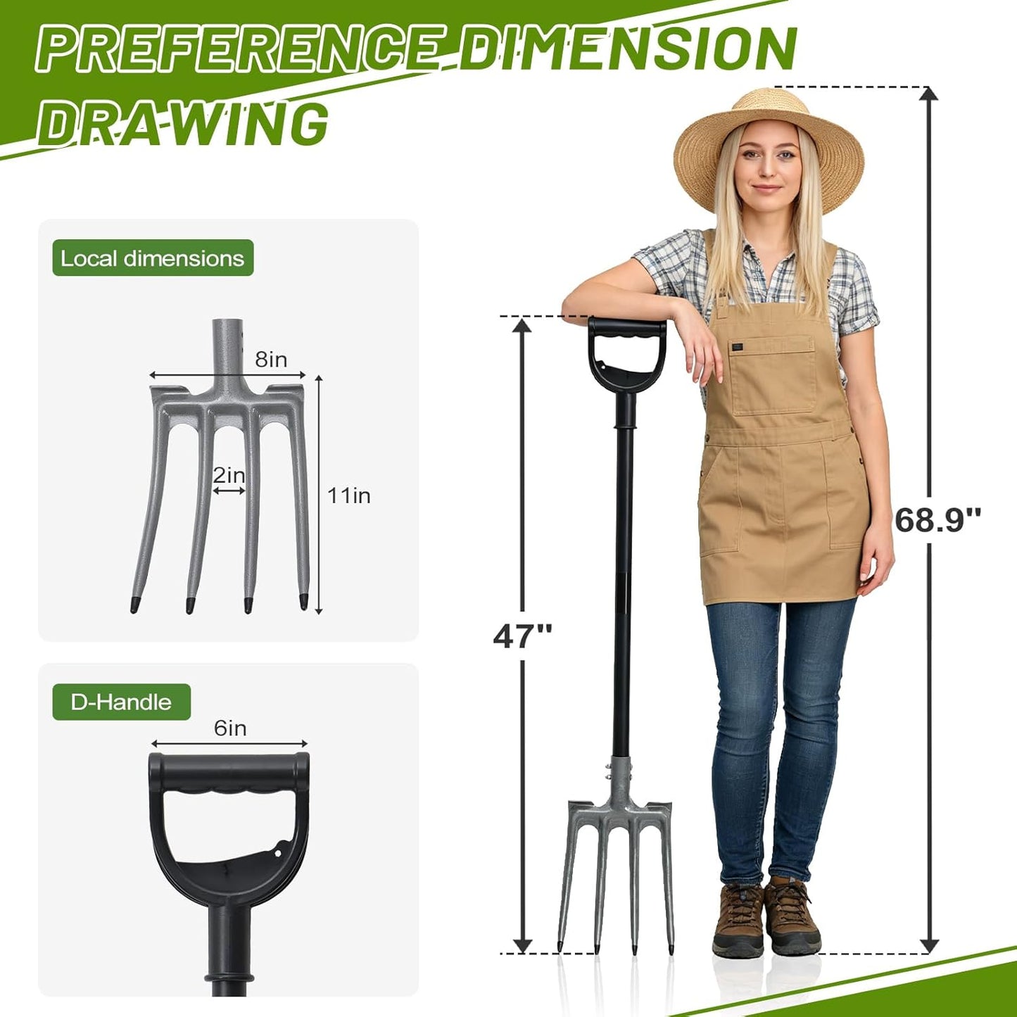 Pitch Fork, 46 inch Garden Fork with Metal 4 Tines & Ergonomic D Handle, Heavy Duty Pitchforks for Gardening Digging Composting Soil Loosening