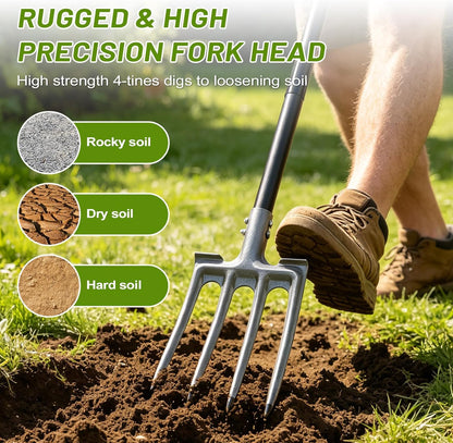 Pitch Fork, 46 inch Garden Fork with Metal 4 Tines & Ergonomic D Handle, Heavy Duty Pitchforks for Gardening Digging Composting Soil Loosening
