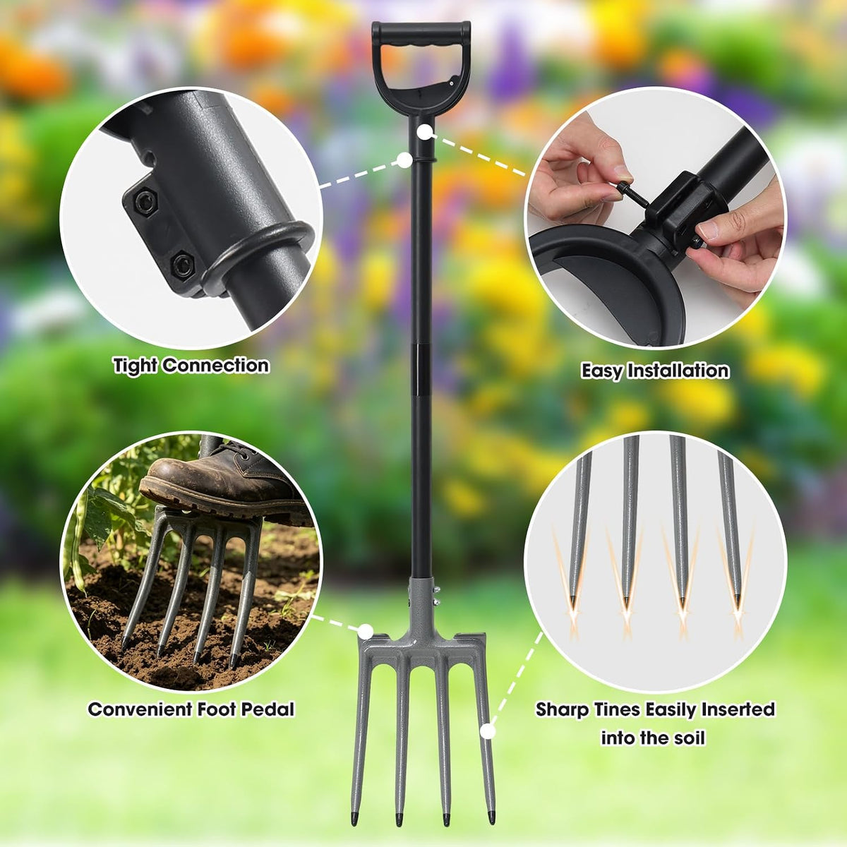 Pitch Fork, 46 inch Garden Fork with Metal 4 Tines & Ergonomic D Handle, Heavy Duty Pitchforks for Gardening Digging Composting Soil Loosening