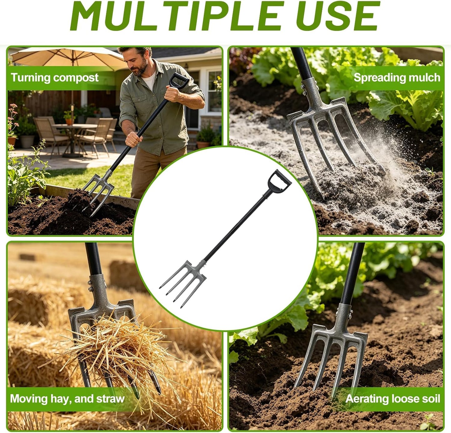 Pitch Fork, 46 inch Garden Fork with Metal 4 Tines & Ergonomic D Handle, Heavy Duty Pitchforks for Gardening Digging Composting Soil Loosening