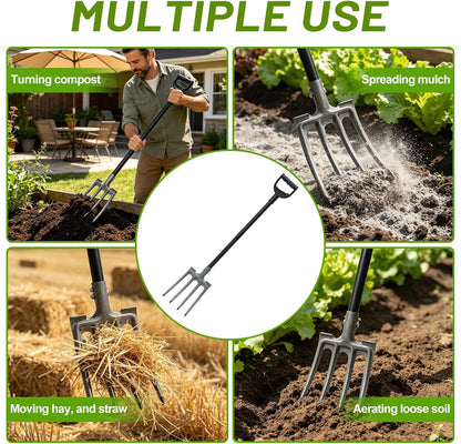 Pitch Fork, 46 inch Garden Fork with Metal 4 Tines & Ergonomic D Handle, Heavy Duty Pitchforks for Gardening Digging Composting Soil Loosening