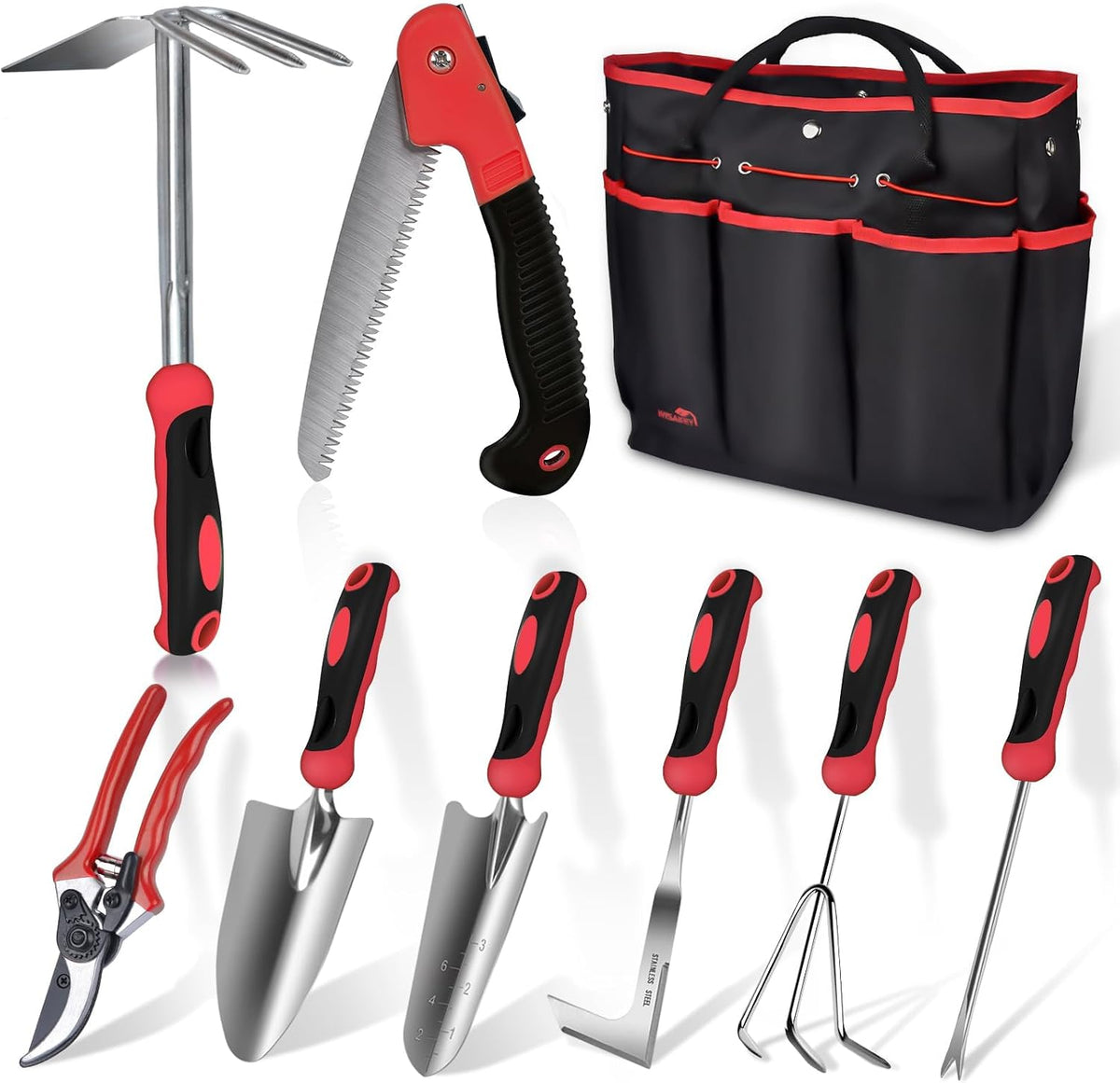WisaKey 9 Piece Gardening Tools Heavy Duty Garden Tool Set with Handbag Red