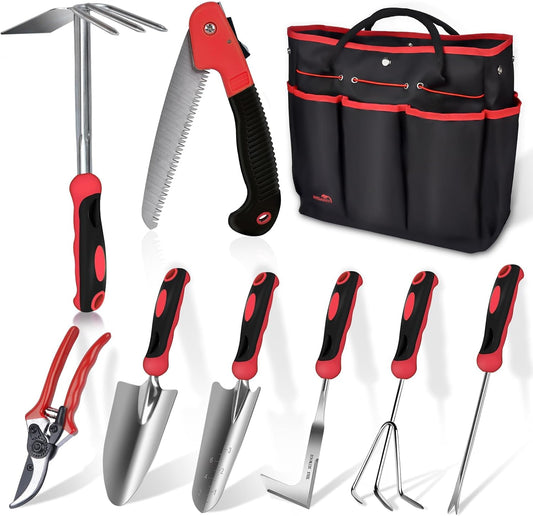 WisaKey 9 Piece Gardening Tools Heavy Duty Garden Tool Set with Handbag Red