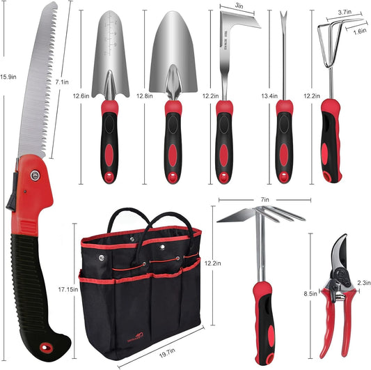 WisaKey 9 Piece Gardening Tools Heavy Duty Garden Tool Set with Handbag Red