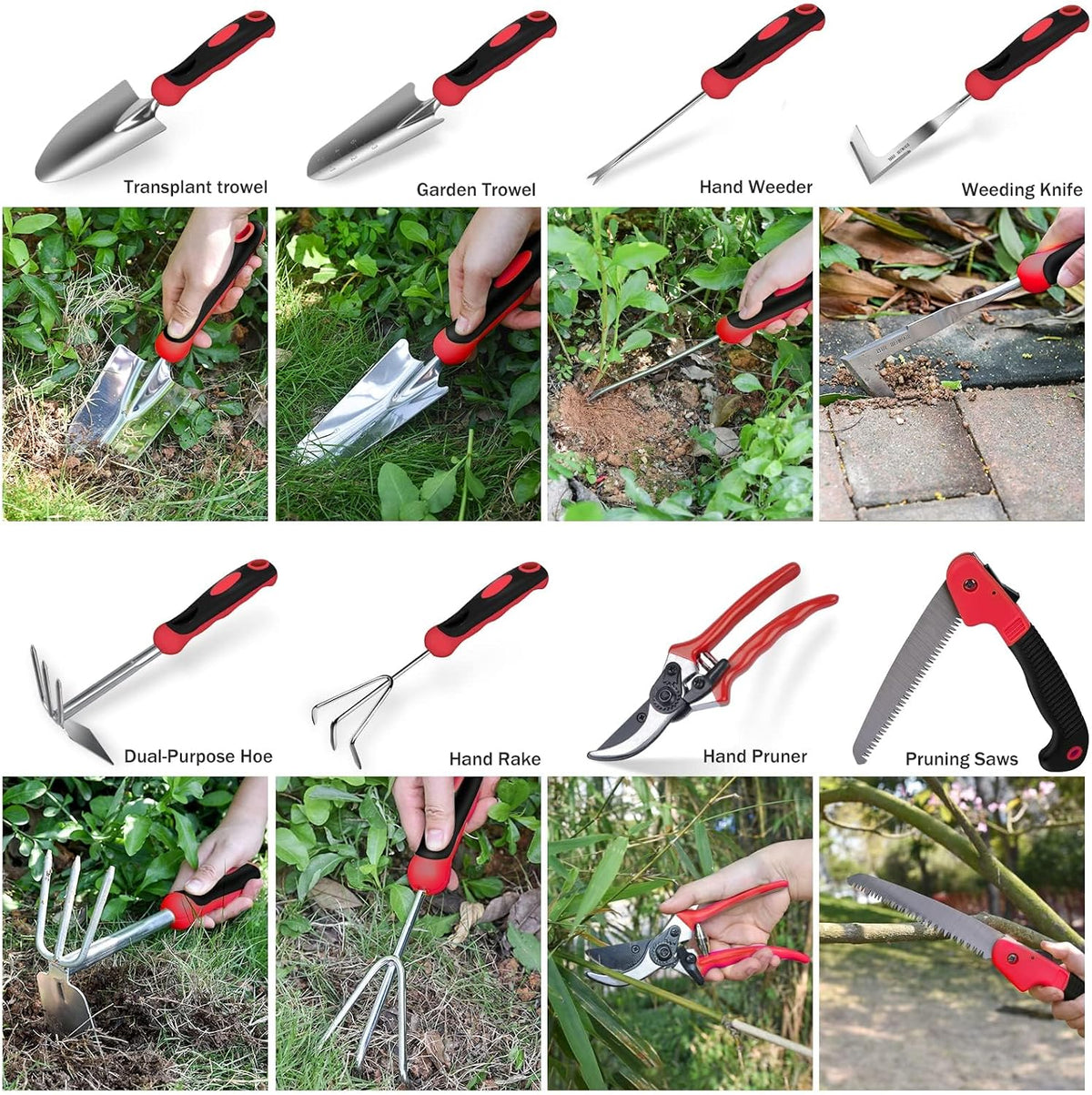 WisaKey 9 Piece Gardening Tools Heavy Duty Garden Tool Set with Handbag Red