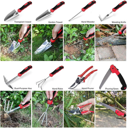 WisaKey 9 Piece Gardening Tools Heavy Duty Garden Tool Set with Handbag Red