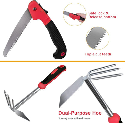 WisaKey 9 Piece Gardening Tools Heavy Duty Garden Tool Set with Handbag Red