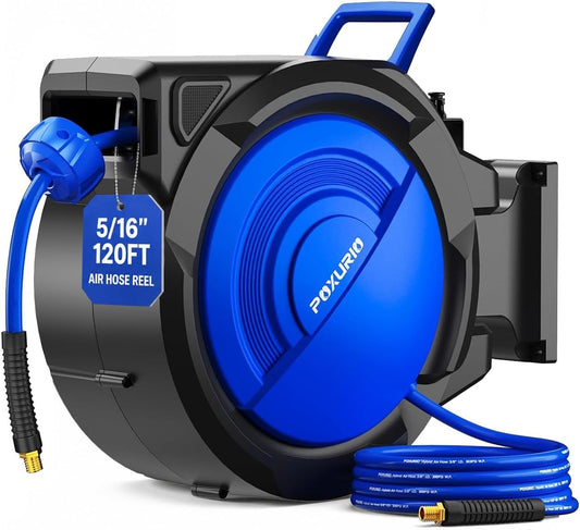120FT+6.5FT Retractable Air Hose Reel, 5/16" Hybrid Air Hose, Air Compressor Hose Reel with Max 300 PSI Patented Design, Retractable Auto-Rewind Enclosed Heavy Duty 180° Swivel Mount