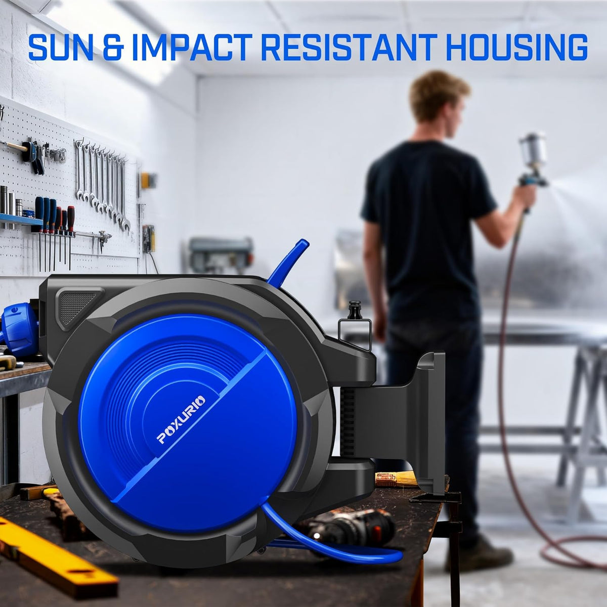 120FT+6.5FT Retractable Air Hose Reel, 5/16" Hybrid Air Hose, Air Compressor Hose Reel with Max 300 PSI Patented Design, Retractable Auto-Rewind Enclosed Heavy Duty 180° Swivel Mount
