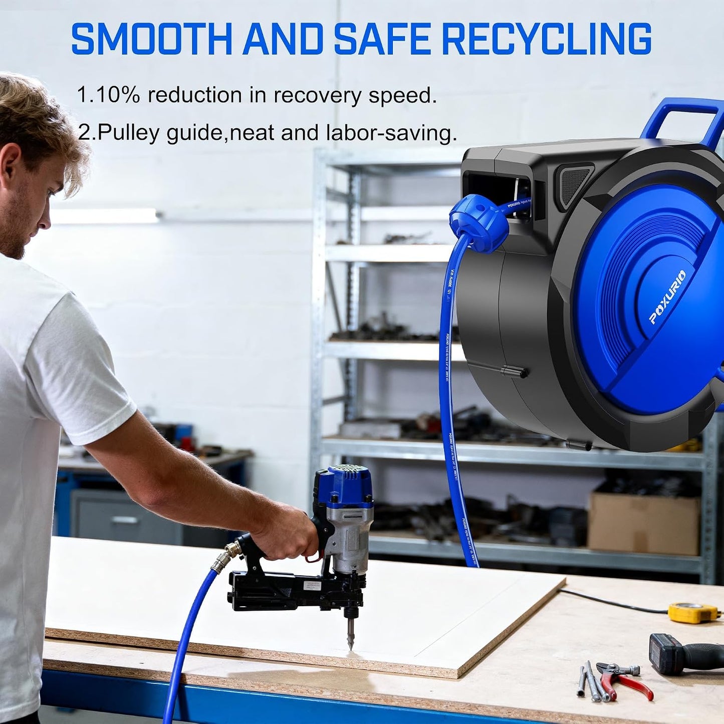 120FT+6.5FT Retractable Air Hose Reel, 5/16" Hybrid Air Hose, Air Compressor Hose Reel with Max 300 PSI Patented Design, Retractable Auto-Rewind Enclosed Heavy Duty 180° Swivel Mount