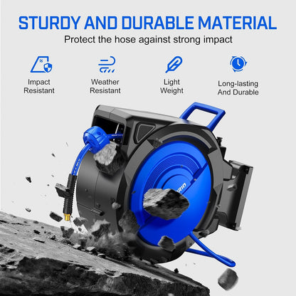 120FT+6.5FT Retractable Air Hose Reel, 5/16" Hybrid Air Hose, Air Compressor Hose Reel with Max 300 PSI Patented Design, Retractable Auto-Rewind Enclosed Heavy Duty 180° Swivel Mount
