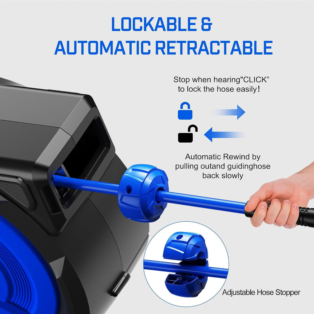 120FT+6.5FT Retractable Air Hose Reel, 5/16" Hybrid Air Hose, Air Compressor Hose Reel with Max 300 PSI Patented Design, Retractable Auto-Rewind Enclosed Heavy Duty 180° Swivel Mount