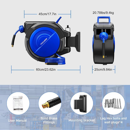 120FT+6.5FT Retractable Air Hose Reel, 5/16" Hybrid Air Hose, Air Compressor Hose Reel with Max 300 PSI Patented Design, Retractable Auto-Rewind Enclosed Heavy Duty 180° Swivel Mount