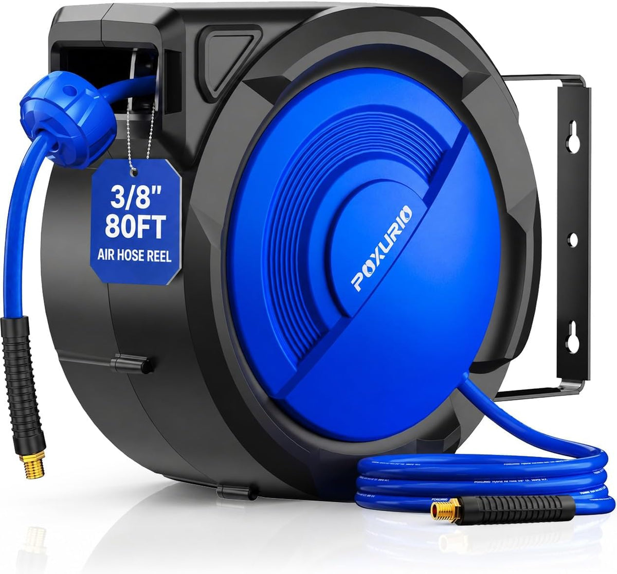 120FT+6.5FT Retractable Air Hose Reel, 5/16" Hybrid Air Hose, Air Compressor Hose Reel with Max 300 PSI Patented Design, Retractable Auto-Rewind Enclosed Heavy Duty 180° Swivel Mount