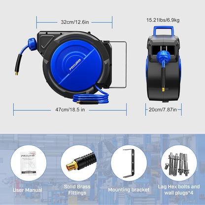 120FT+6.5FT Retractable Air Hose Reel, 5/16" Hybrid Air Hose, Air Compressor Hose Reel with Max 300 PSI Patented Design, Retractable Auto-Rewind Enclosed Heavy Duty 180° Swivel Mount