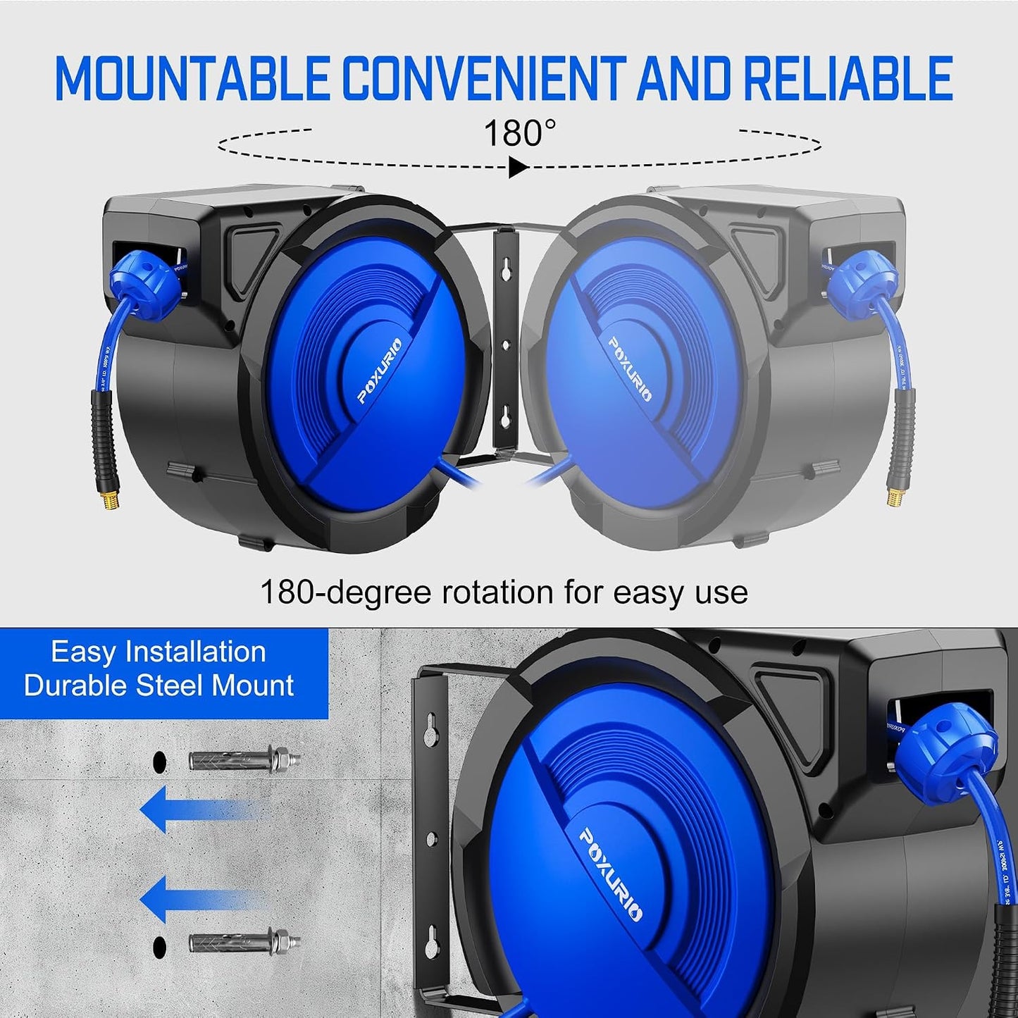 120FT+6.5FT Retractable Air Hose Reel, 5/16" Hybrid Air Hose, Air Compressor Hose Reel with Max 300 PSI Patented Design, Retractable Auto-Rewind Enclosed Heavy Duty 180° Swivel Mount