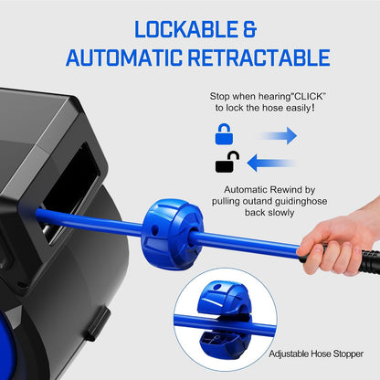 120FT+6.5FT Retractable Air Hose Reel, 5/16" Hybrid Air Hose, Air Compressor Hose Reel with Max 300 PSI Patented Design, Retractable Auto-Rewind Enclosed Heavy Duty 180° Swivel Mount