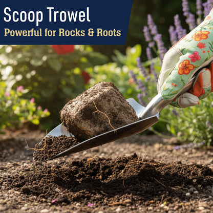 Hand Gardening Tools 3 Pack with Cultivator Hand Rake, Transplanting Shovel, and Garden Trowel for Planting - Heavy Duty Cast Aluminum Garden Tool Set with Ergonomic Handles