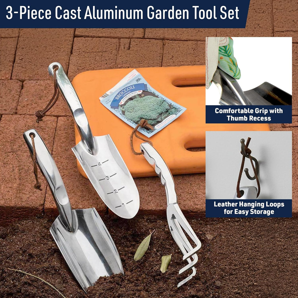 Hand Gardening Tools 3 Pack with Cultivator Hand Rake, Transplanting Shovel, and Garden Trowel for Planting - Heavy Duty Cast Aluminum Garden Tool Set with Ergonomic Handles