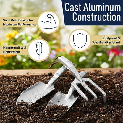 Hand Gardening Tools 3 Pack with Cultivator Hand Rake, Transplanting Shovel, and Garden Trowel for Planting - Heavy Duty Cast Aluminum Garden Tool Set with Ergonomic Handles