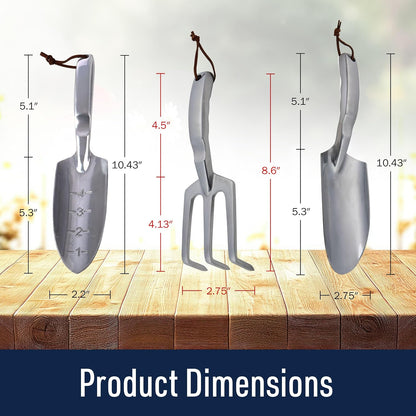 Hand Gardening Tools 3 Pack with Cultivator Hand Rake, Transplanting Shovel, and Garden Trowel for Planting - Heavy Duty Cast Aluminum Garden Tool Set with Ergonomic Handles
