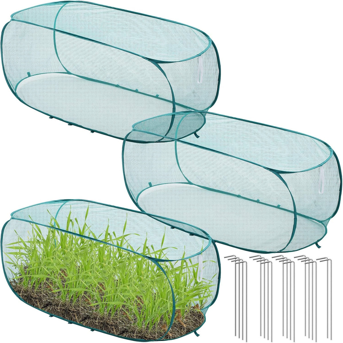 3 Pcs 45" x 20" x 18" Foldable Garden Rows Plants Cover Vegetable Mesh Plant Protector Net Cage Guard with Ground Nails for Protecting Vegetables Fruits Seedlings Flowers