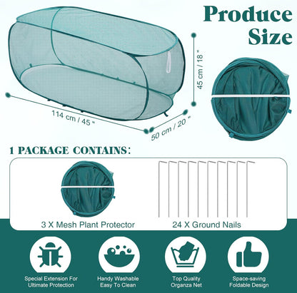 3 Pcs 45" x 20" x 18" Foldable Garden Rows Plants Cover Vegetable Mesh Plant Protector Net Cage Guard with Ground Nails for Protecting Vegetables Fruits Seedlings Flowers
