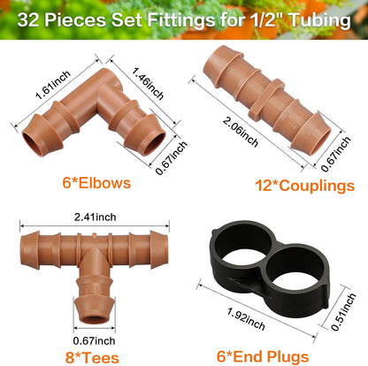 Drip Irrigation Fittings Kit for 1/2 Inch Tubing, 20 Pieces Drip Irrigation Parts for Drip Sprinkler System - 8 Couplings, 6 Tees, 6 Elbows, Drip Line Connectors for 1/2" Drip Irrigation Hose