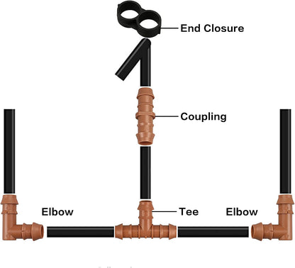 Drip Irrigation Fittings Kit for 1/2 Inch Tubing, 20 Pieces Drip Irrigation Parts for Drip Sprinkler System - 8 Couplings, 6 Tees, 6 Elbows, Drip Line Connectors for 1/2" Drip Irrigation Hose
