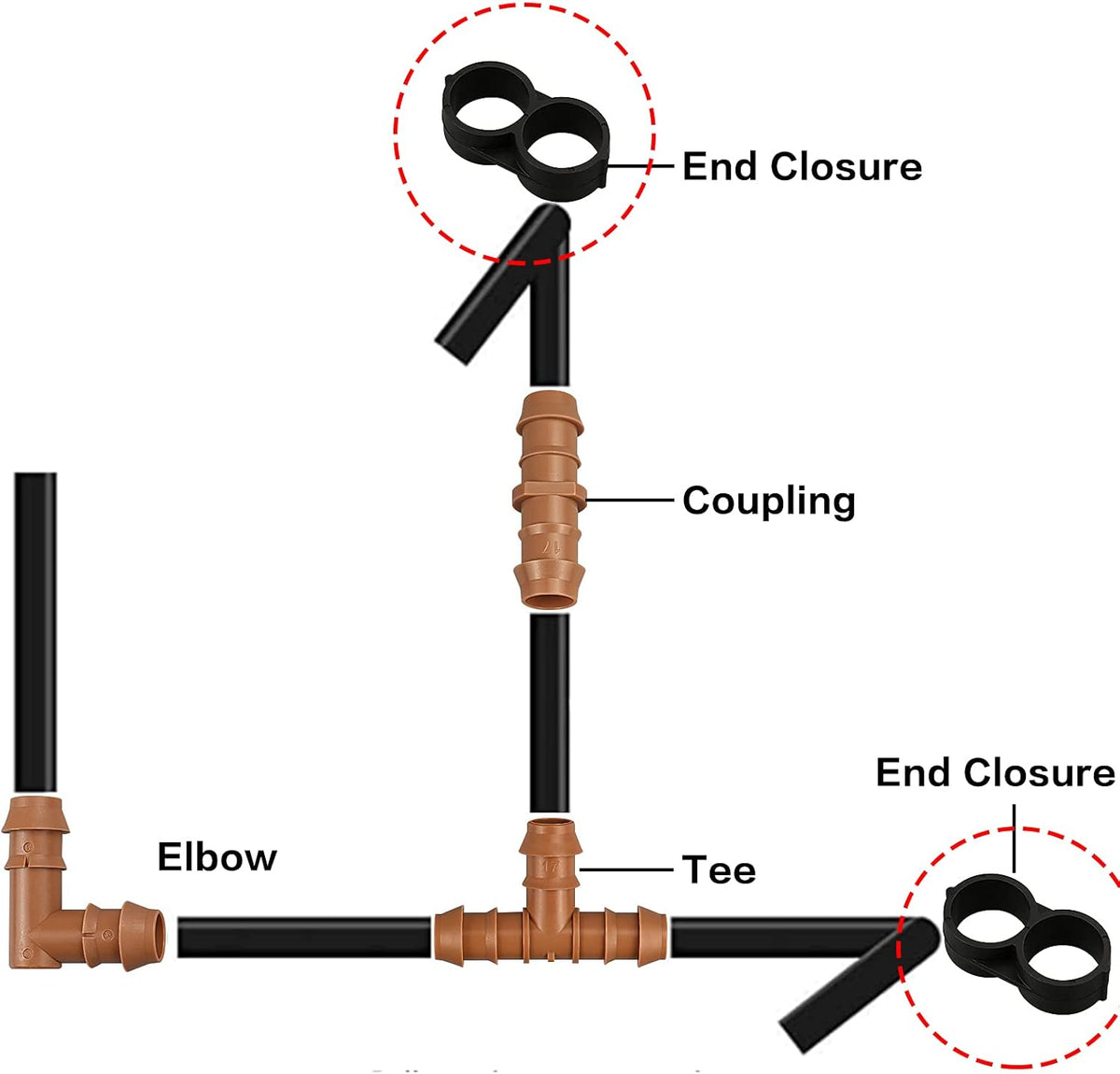 Drip Irrigation Fittings Kit for 1/2 Inch Tubing, 20 Pieces Drip Irrigation Parts for Drip Sprinkler System - 8 Couplings, 6 Tees, 6 Elbows, Drip Line Connectors for 1/2" Drip Irrigation Hose
