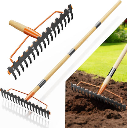17 Tines Wide Head Bow Rake for Soil Leveling, Garden Rake Heavy Duty with 55” Adjustable Wooden Handle, Heavy Duty Metal Rake for Lawns, Gardening, Loosening Soil, Gathering Leaves, Landscaping
