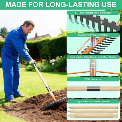 17 Tines Wide Head Bow Rake for Soil Leveling, Garden Rake Heavy Duty with 55” Adjustable Wooden Handle, Heavy Duty Metal Rake for Lawns, Gardening, Loosening Soil, Gathering Leaves, Landscaping