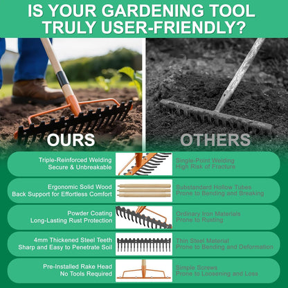 17 Tines Wide Head Bow Rake for Soil Leveling, Garden Rake Heavy Duty with 55” Adjustable Wooden Handle, Heavy Duty Metal Rake for Lawns, Gardening, Loosening Soil, Gathering Leaves, Landscaping