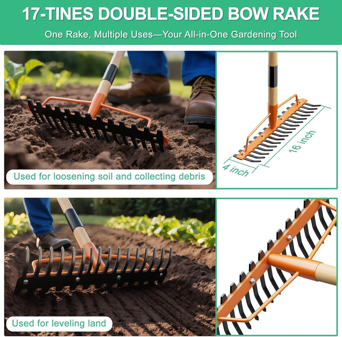 17 Tines Wide Head Bow Rake for Soil Leveling, Garden Rake Heavy Duty with 55” Adjustable Wooden Handle, Heavy Duty Metal Rake for Lawns, Gardening, Loosening Soil, Gathering Leaves, Landscaping