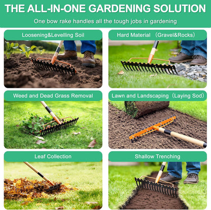 17 Tines Wide Head Bow Rake for Soil Leveling, Garden Rake Heavy Duty with 55” Adjustable Wooden Handle, Heavy Duty Metal Rake for Lawns, Gardening, Loosening Soil, Gathering Leaves, Landscaping