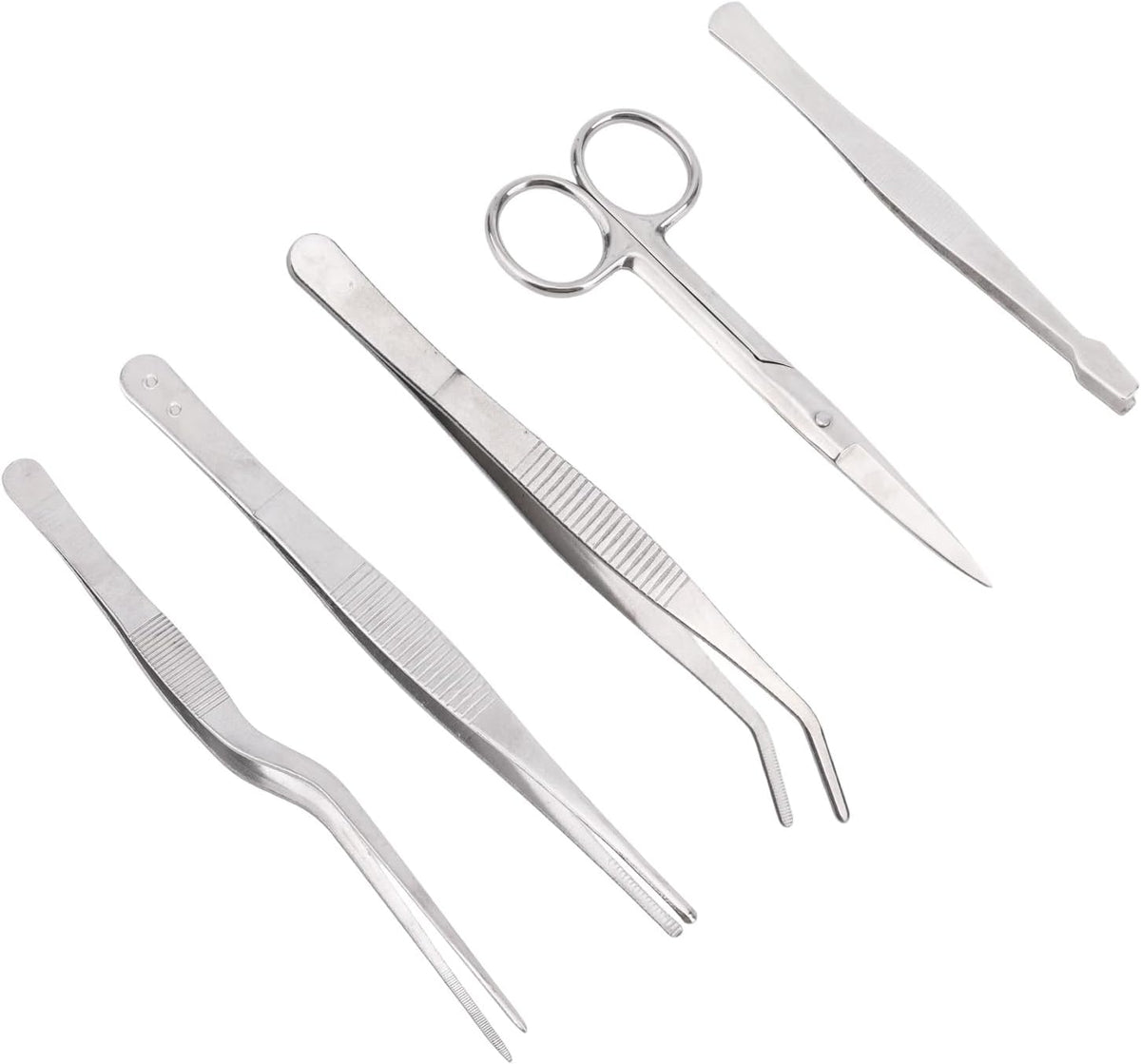 5pcs Plant Tweezers and Scissors, Long Stainless Steel Garden Bend Tongs Set with Straight Curved Flat Point Tip Multiple-Use Gardening Tools for Bonsai Reptile Feeding Kitchen Use