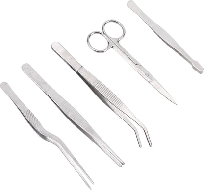 5pcs Plant Tweezers and Scissors, Long Stainless Steel Garden Bend Tongs Set with Straight Curved Flat Point Tip Multiple-Use Gardening Tools for Bonsai Reptile Feeding Kitchen Use