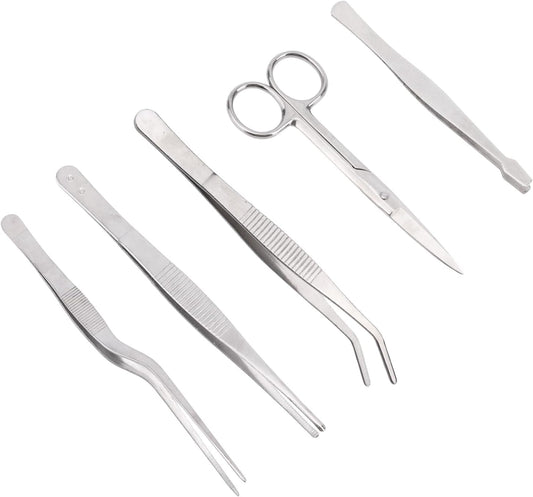 5pcs Plant Tweezers and Scissors, Long Stainless Steel Garden Bend Tongs Set with Straight Curved Flat Point Tip Multiple-Use Gardening Tools for Bonsai Reptile Feeding Kitchen Use